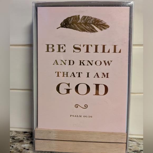 Eccolo Christian Art Desk Stand Wooden Block Holder 12 Gold Stamped Cards - Picture 2 of 3